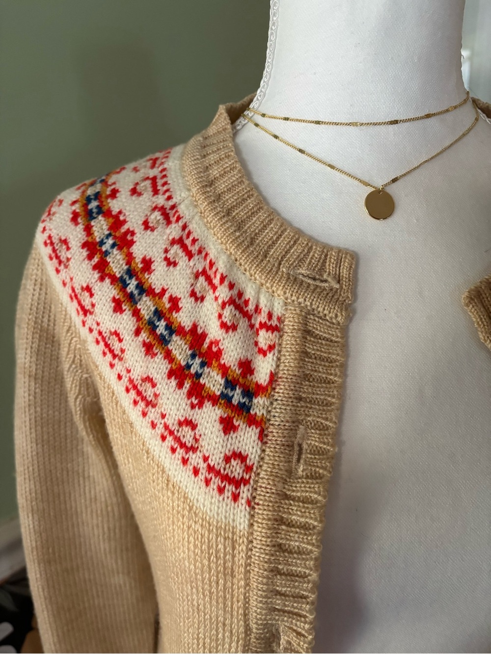 Vintage Beige Fair Isle Knit Cardigan Sweater - Classic Women's Style